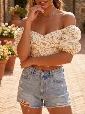 PRINCESS POLLY Autumn Floral Off Shoulder Ruched Crop Top Women’s Sz 2 XS EUC
